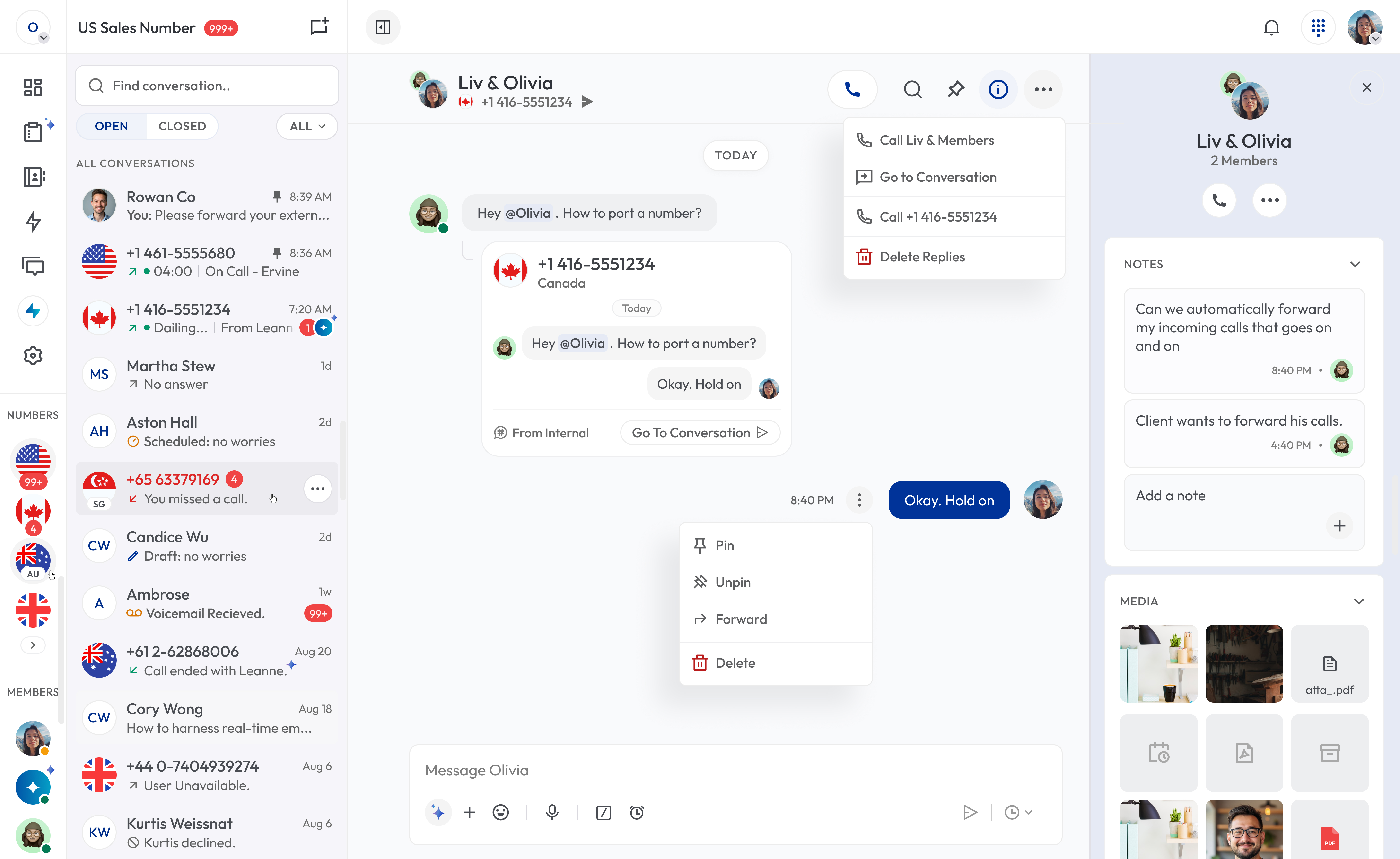 Calilio shared numbers and team notes